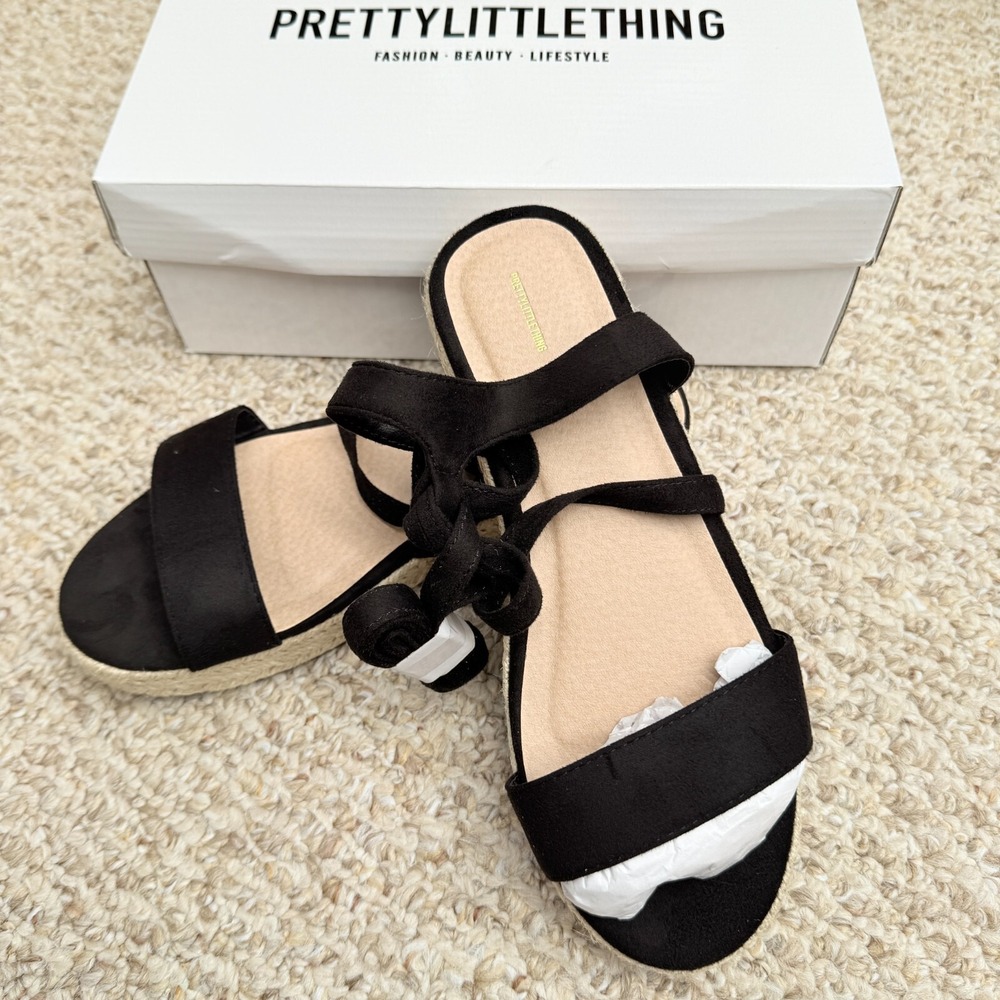 Pretty Little Thing Black‎ Lace Up Espadrille Flatform Sandals Size 7